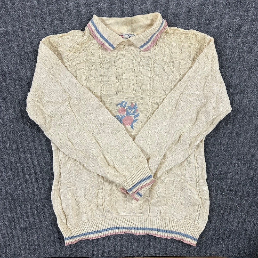 Isle of Cotton Sweater Womens Size S Cream Floral Knit Polo Collar USA Vintage